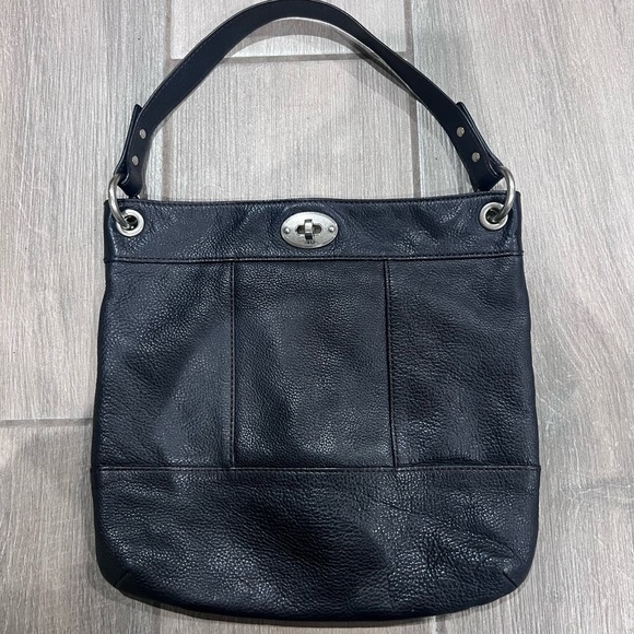 Fossil Black Genuine Leather Hobo Shoulder Bag Silver Hardware Medium Size - Picture 1 of 10